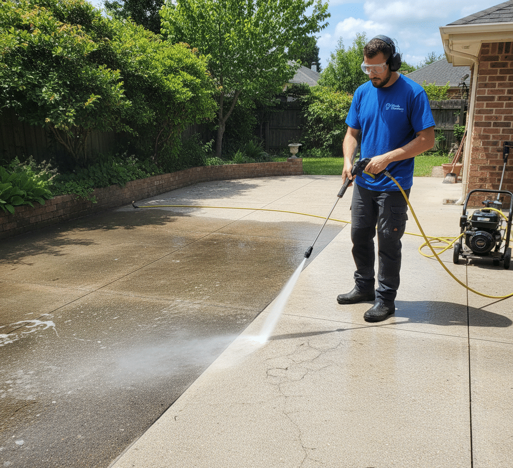 Professional pressure washing in action